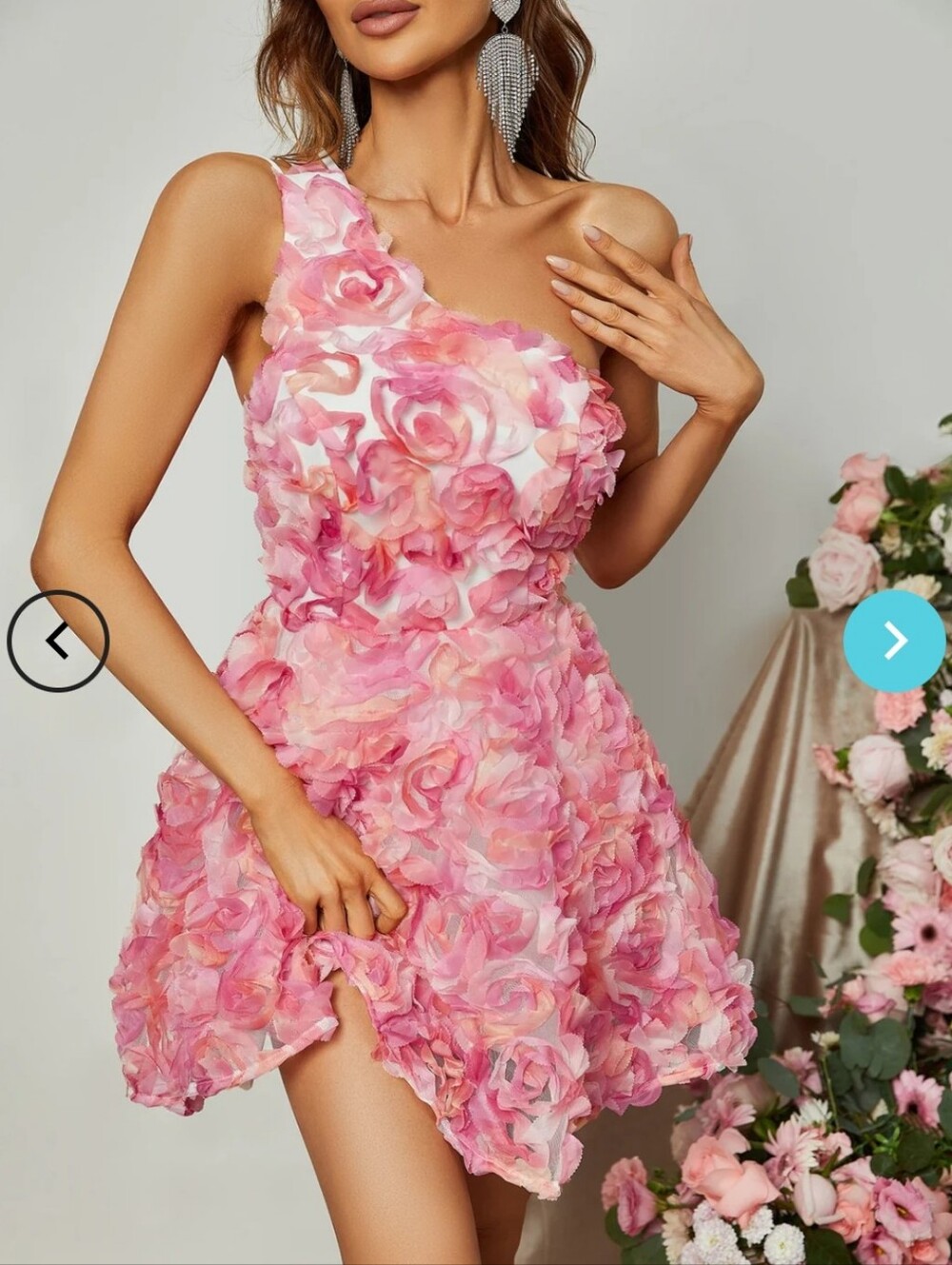 FAERIESTY  Whimsical One Shoulder 3D Pink Floral Mini Dress